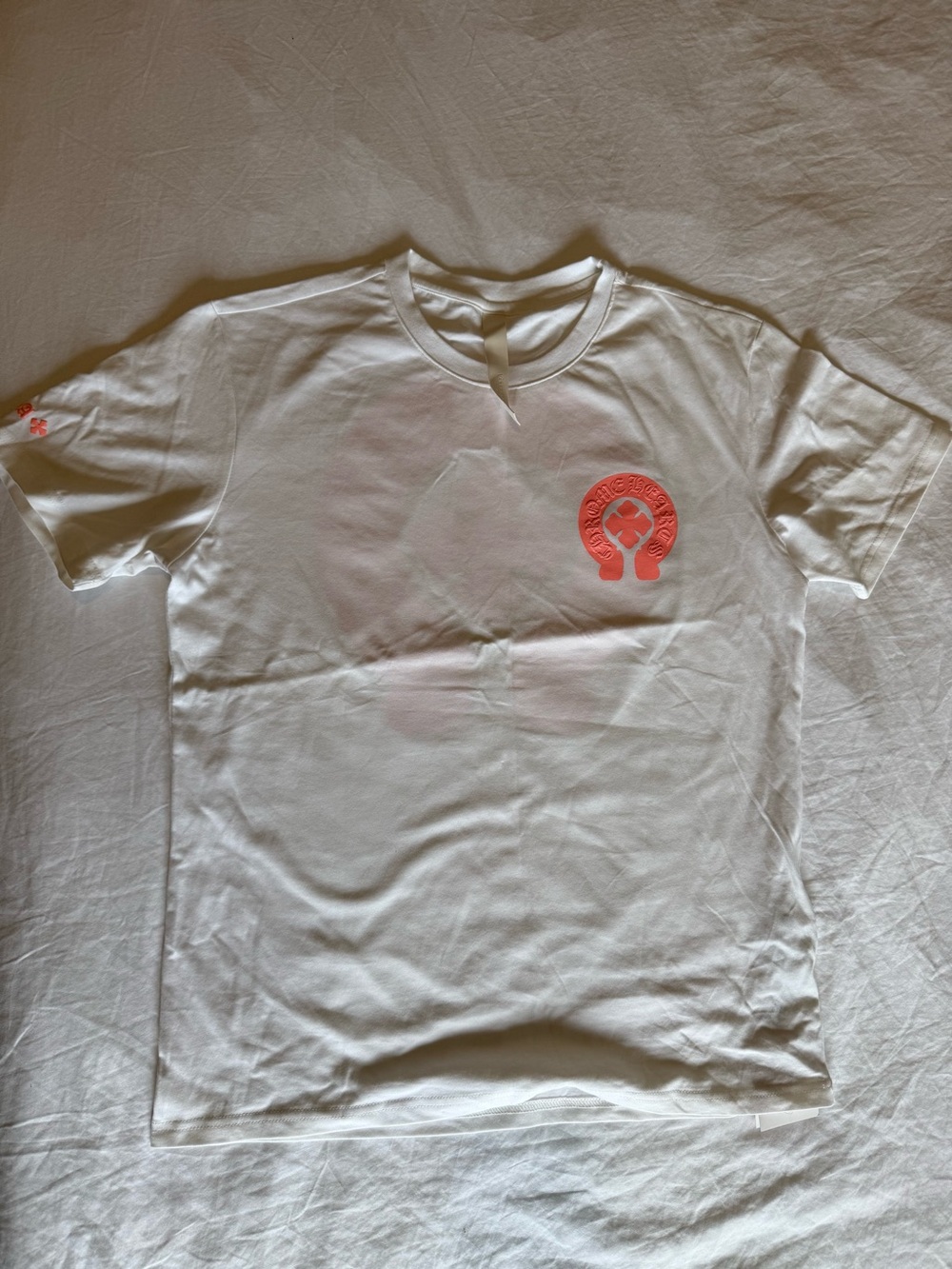 Chrome inspired White Short Sleeve Tee with Coral Logo